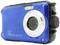 Een blauwe, waterdichte camera met het opschrift 'Aquapix W3027'. Hij heeft een groot objectief en bedieningselementen aan de zijkant.