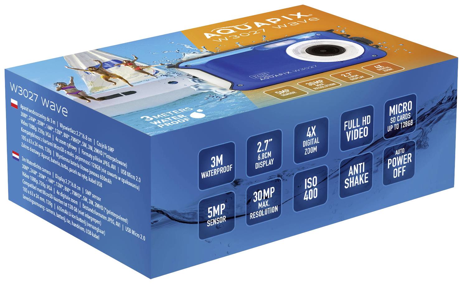 Verpakking van een waterdichte camera, Model 'Aquapix W3027 wave'. Eigenschappen: 3m waterdicht, 2,7" display, 4x digitale zoom.