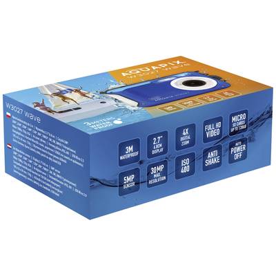Verpakking van een waterdichte camera, Model 'Aquapix W3027 wave'. Eigenschappen: 3m waterdicht, 2,7" display, 4x digitale zoom.