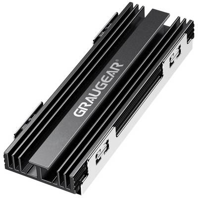 Een zwarte koelvin voor SSD's van het merk 'GRAUGEAR', vervaardigd uit aluminium met lamellaire structuur voor verbeterde warmteafvoer.