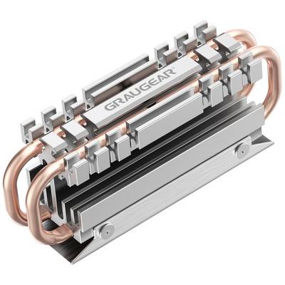 Koellichaam met koperen buizen en aluminium vinnen, geoptimaliseerd voor warmtebeheer. De bovenkant draagt de tekst 'GRAUGEAR'.