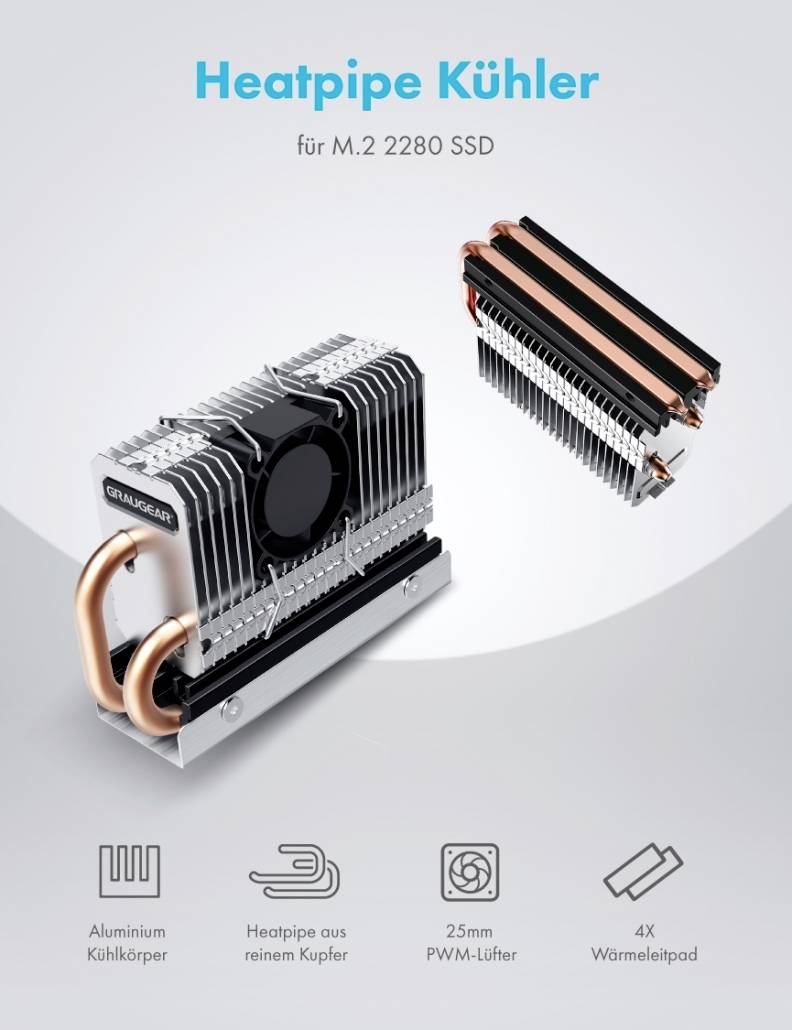 'Heatpipe Koeler voor M.2 2280 SSD' toont een koeler met aluminium warmteafvoerlichaam, koper-heatpipes, 25mm PWM-ventilator en 4X warmtegeleidingspad.