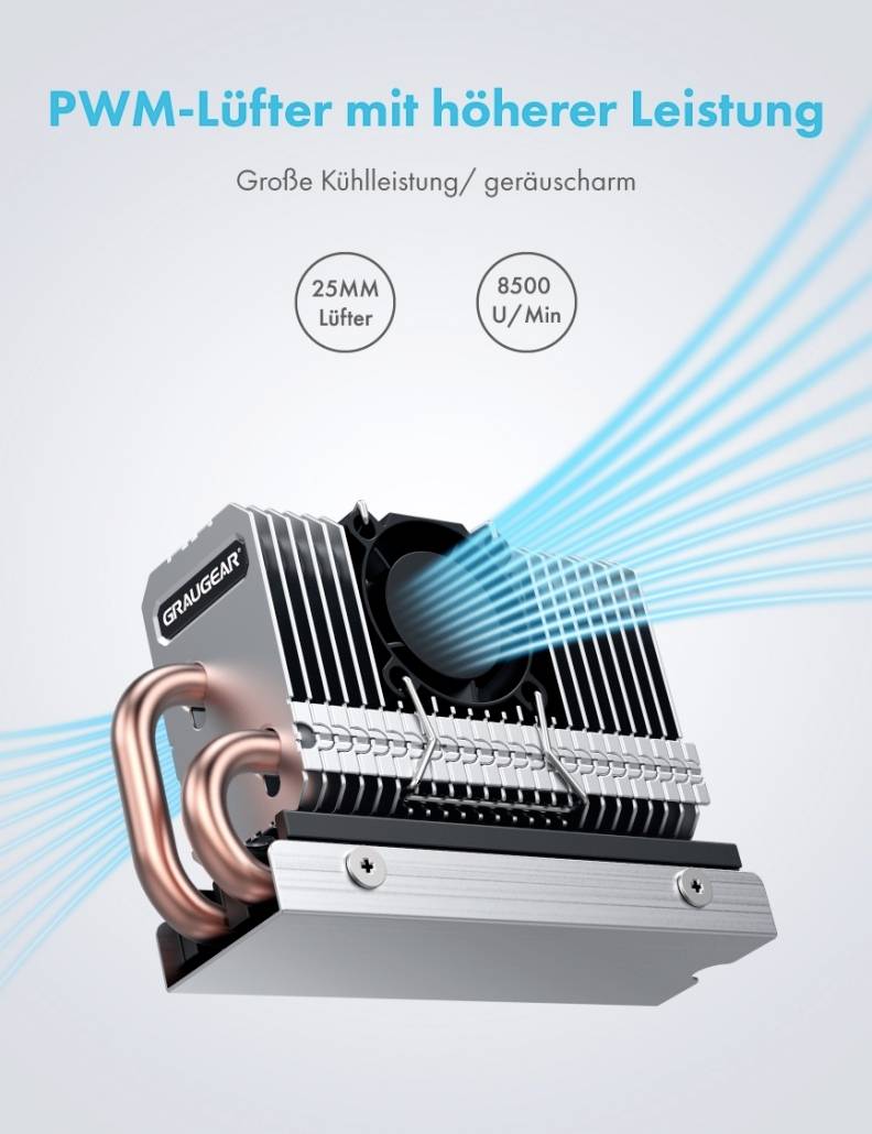 'PWM-ventilator met hogere prestaties' staat bovenaan. Afbeelding toont een koellichaam met ventilator die de luchtstroom aangeeft. Tekst: '25MM ventilator, 8500 rpm.'