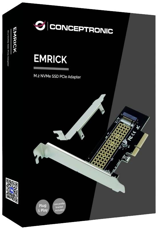 'EMRICK M.2 NVMe SSD PCIe Adapter' verpakking toont de adaptkaart met bijgeleverde beugel. Plug & Play aanwijzingssymbool.