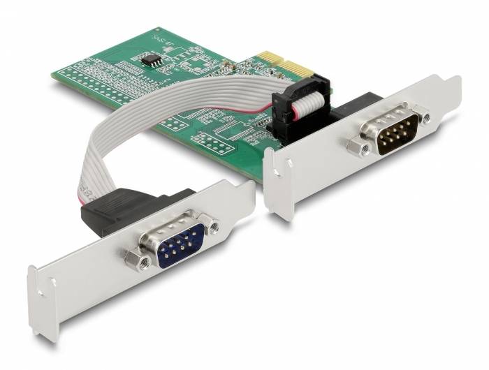 Interne PCI-kaart met twee seriële poorten en platte kabel voor aansluiting op de computer.