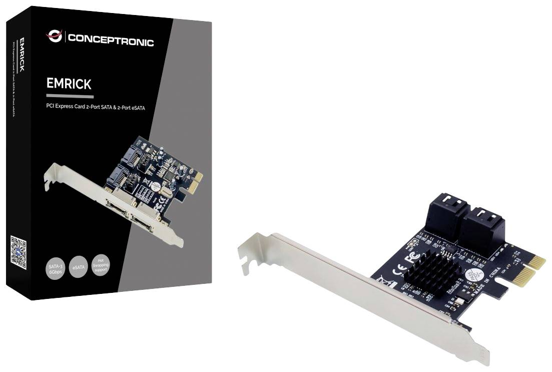 PCI Express-kaart met 4 poorten, SATA en Port-G6TA, afgebeeld naast de verpakking. Verpakking toont het merk 'Conceptronic'.