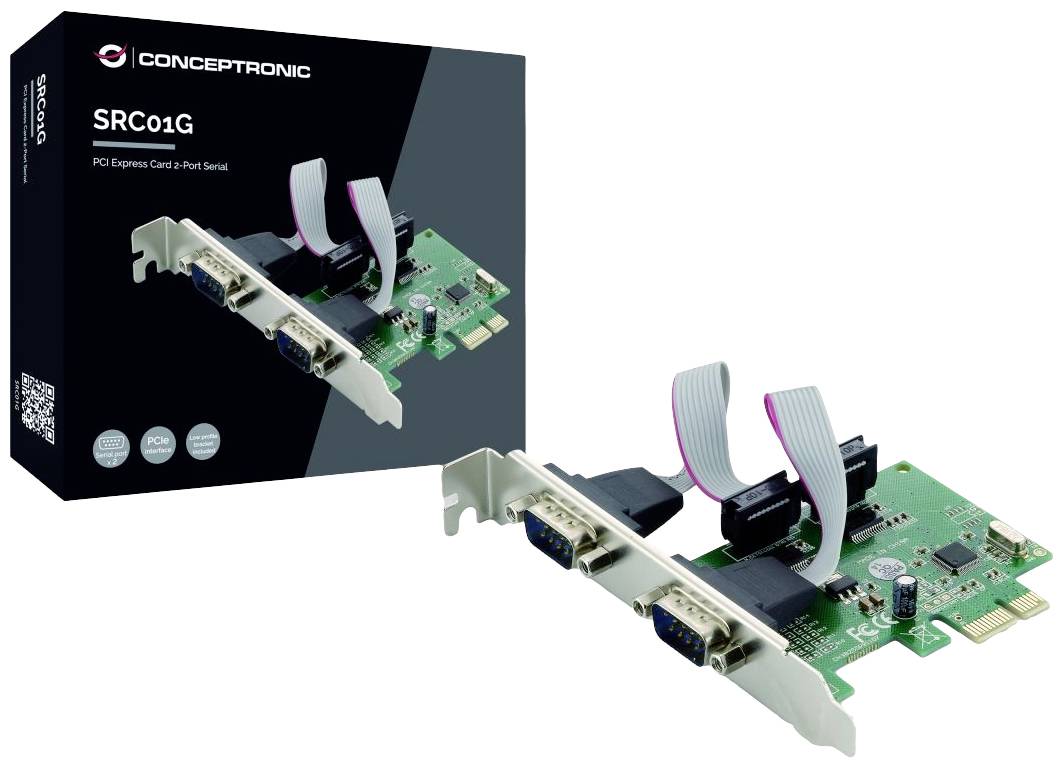 'PCI Express-kaart met twee RS-232-poorten en platte kabel, geschikt voor seriële verbindingen, op een groen printbord.'