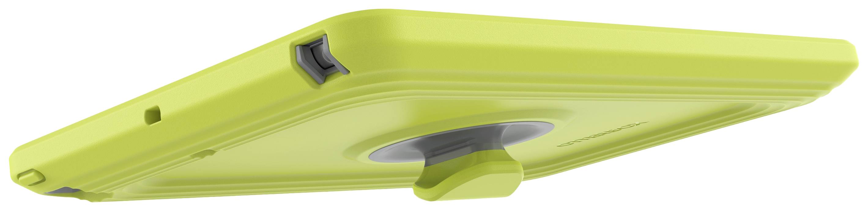 Een geel behuizing met een ergonomische handgreep, ontwikkeld voor mobiele apparaten, biedt een robuuste beschermende behuizing.