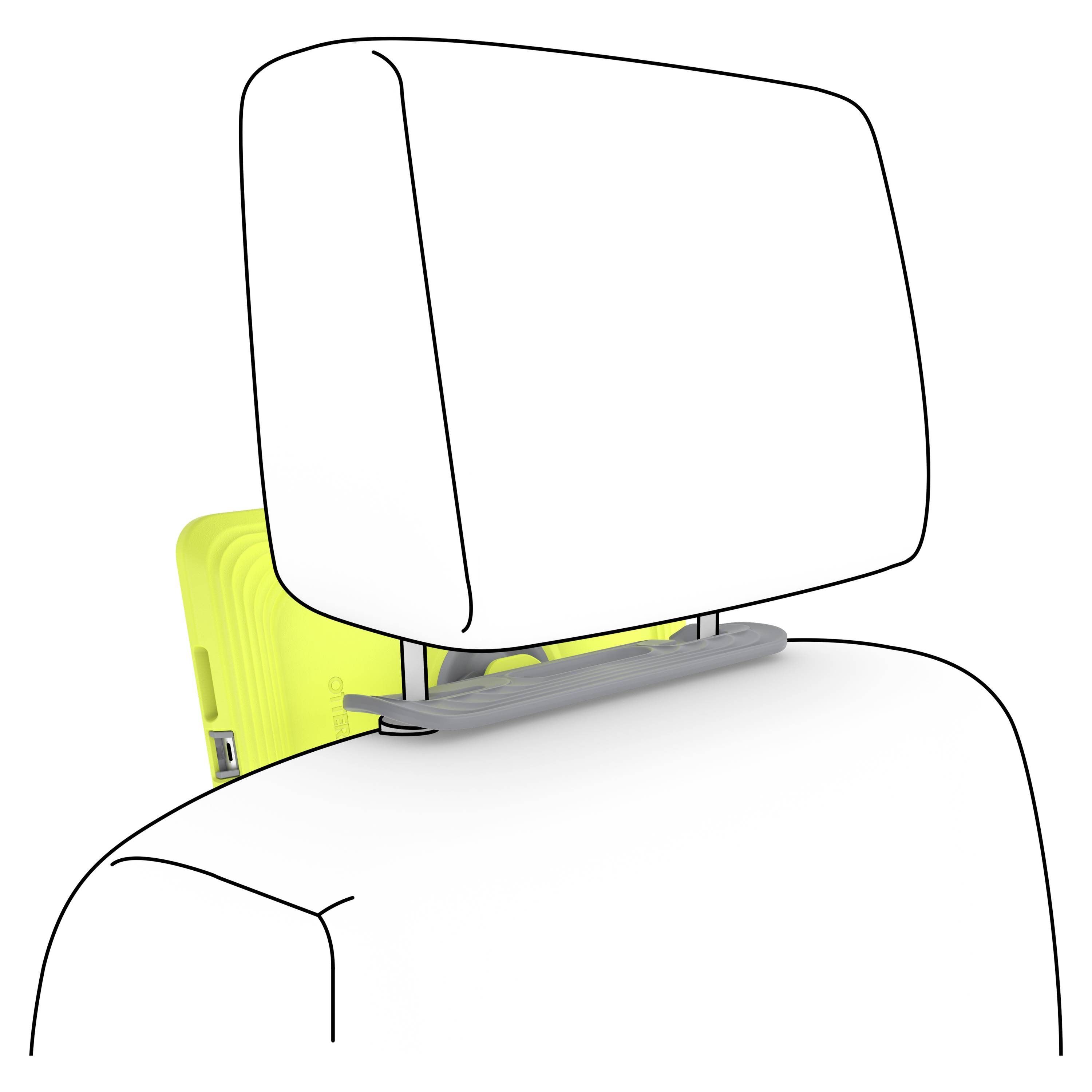 Een gele powerbank zit achter de hoofdsteun van een autostoel, vastgehouden door een grijze houder die is gepositioneerd tussen de hoofdsteun en de zitting.