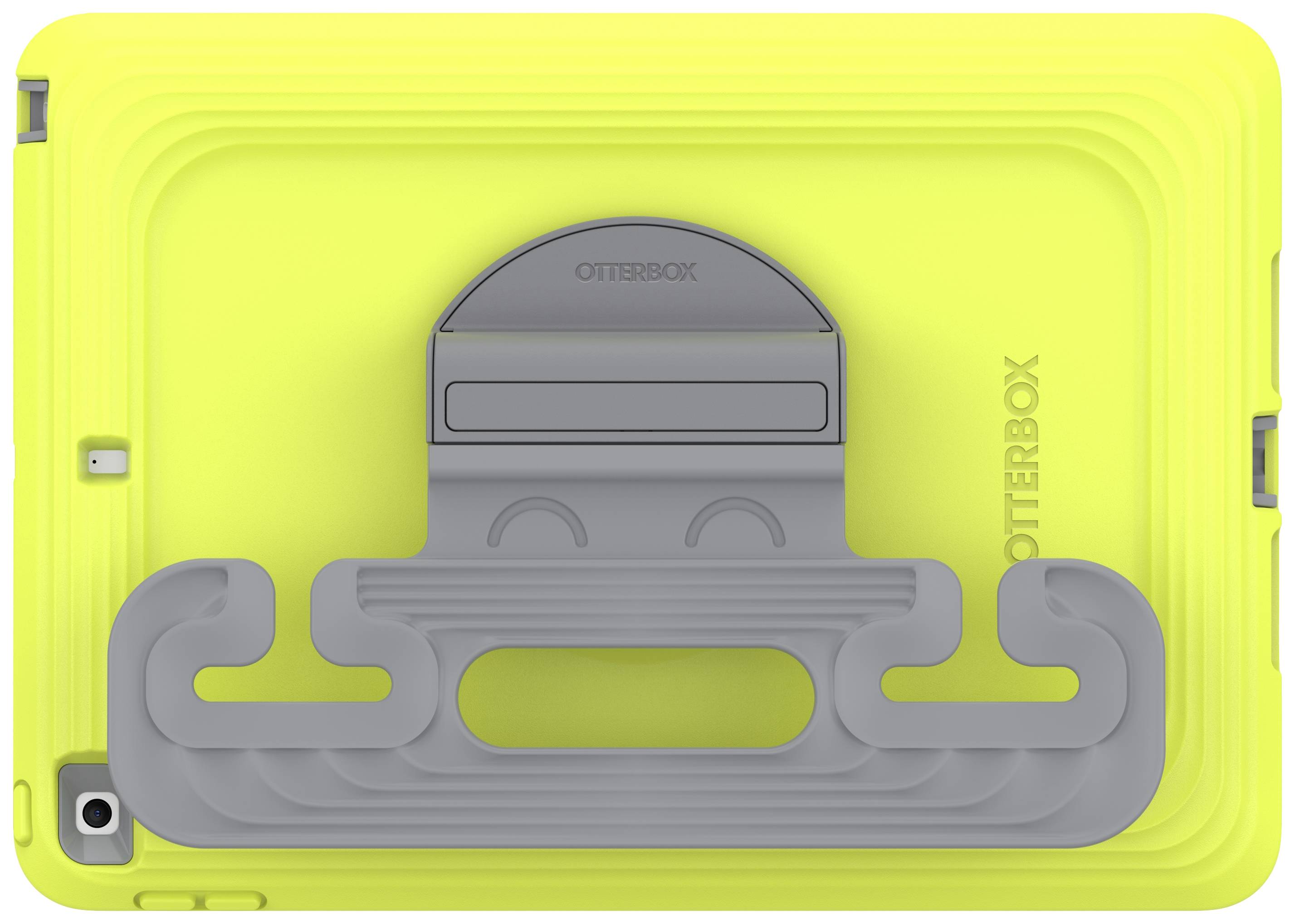 Gele tablethoes met geïntegreerde grijze standaard en grippatroon in het onderste gedeelte, robuust ontwerp voor een veilige grip.