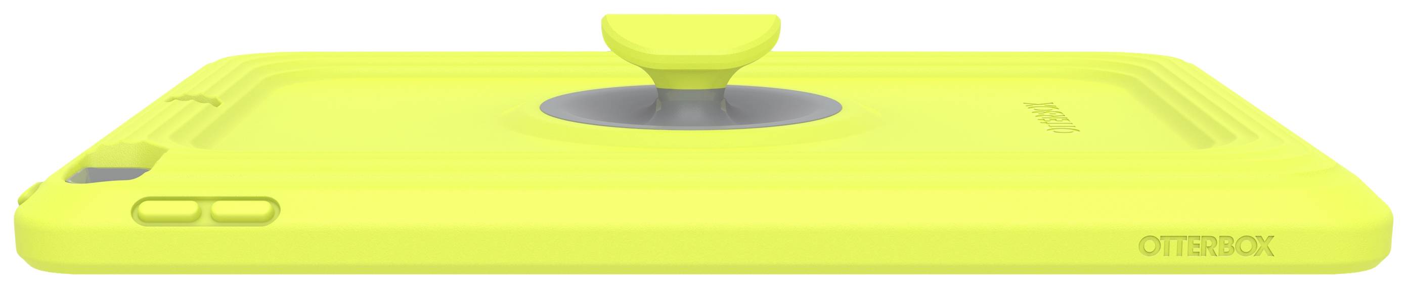Gele Otterbox-beschermhoes voor tablet met geïntegreerde handgreep, liggend, met twee bedieningsknoppen aan de zijkant.