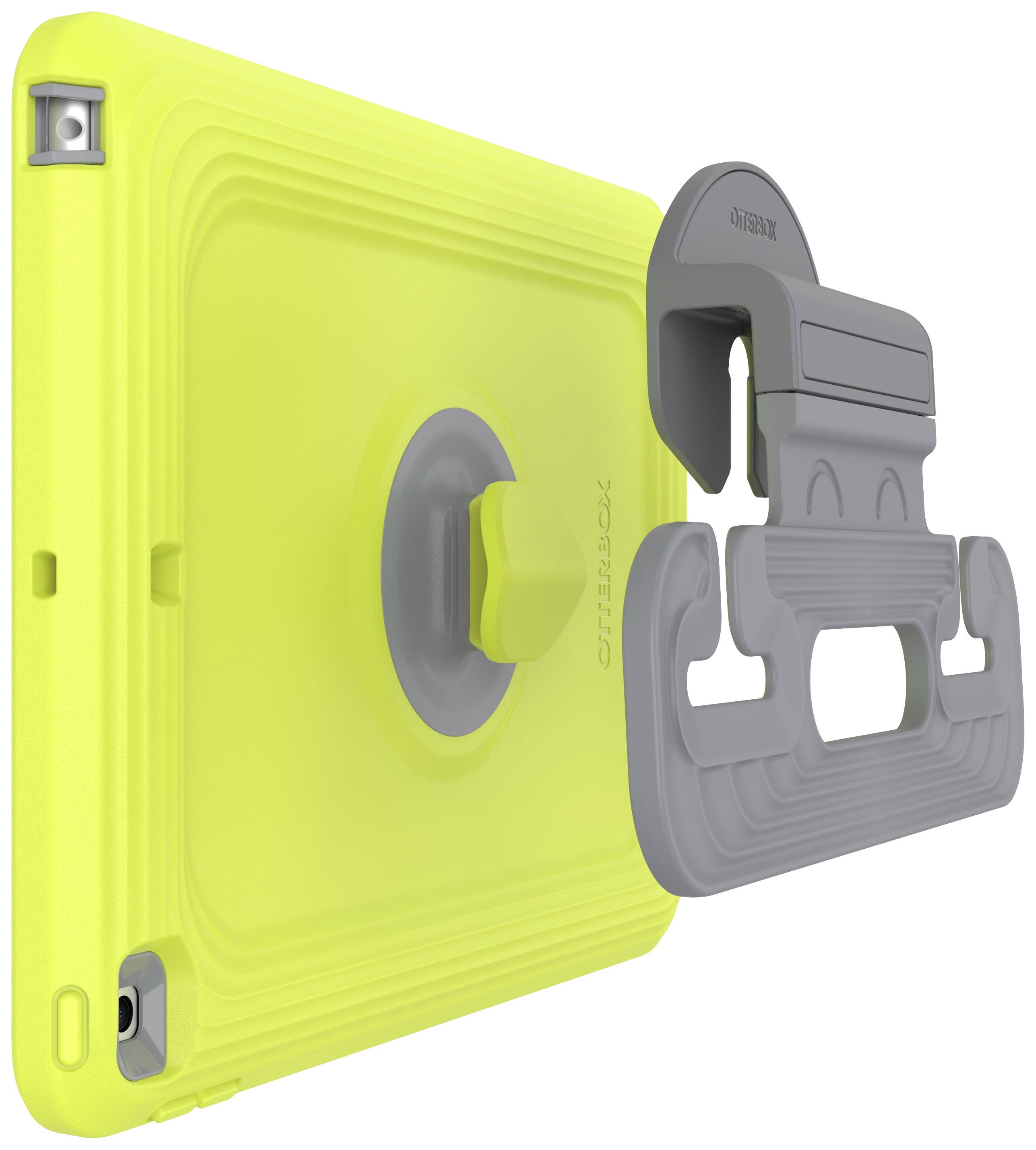 Gele tablet-beschermhoes met grijze verstelbare standaard, geschikt voor robuust gebruik.