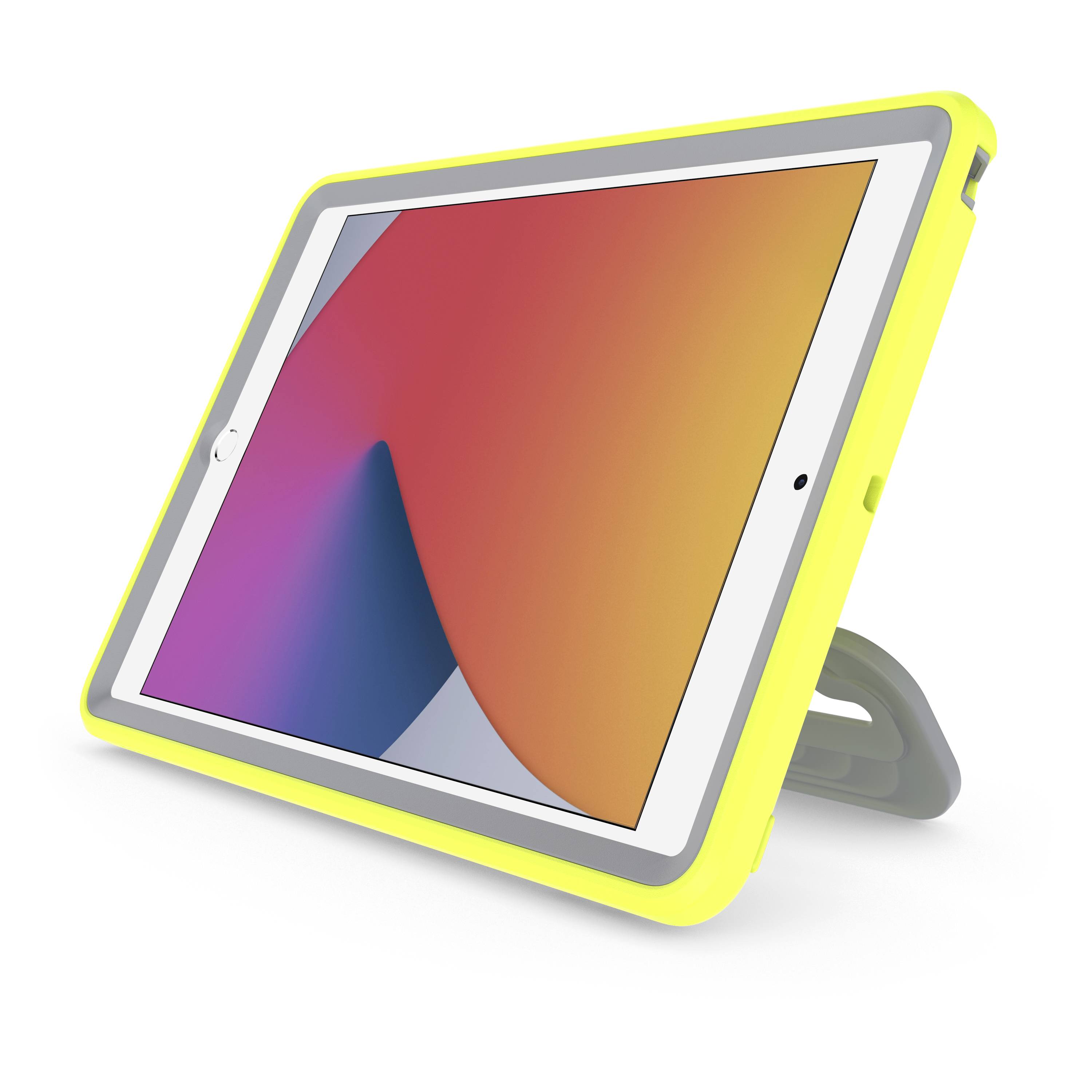 Een tablet met een kleurrijk display in een gele behuizing staat in een standaard, licht gekanteld. Het toont een abstracte kleurengrafiek.