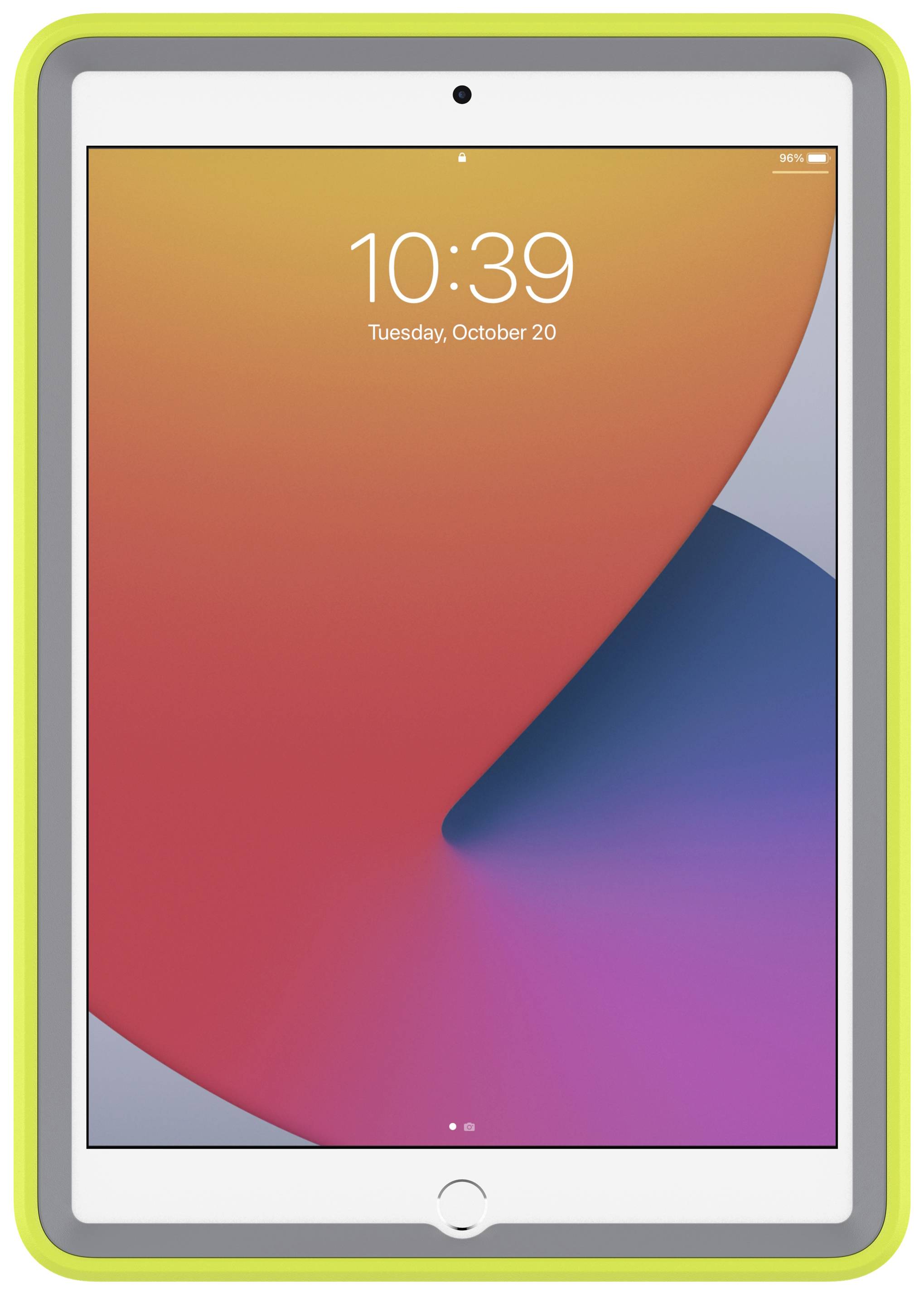 Een tablet met een geel behuizingskader toont het vergrendelingsscherm waarop datum en tijd '10:39, dinsdag, 20 oktober' worden weergegeven.
