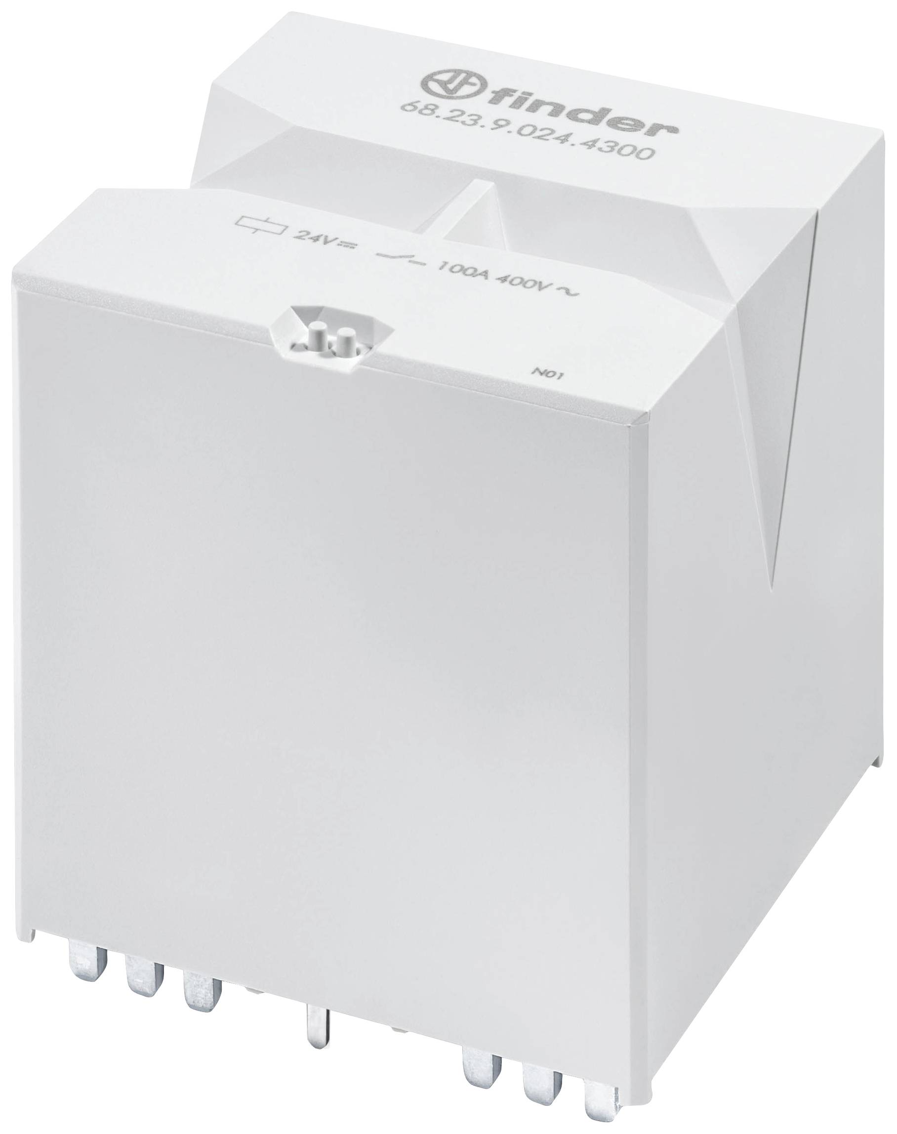 Een wit Finder-relais, modelnummer 68.23, voor 24V, 100A bij 400V~. Het apparaat is blokvormig met metalen contacten aan de onderzijde.