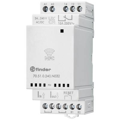 'Finder-NFC-relais, 60.13.0.240.3040, DIN-rail, 10 A, 250 V~, compatibel met AC/DC, UKCA- en CE-gecertificeerd, reset-toets.'