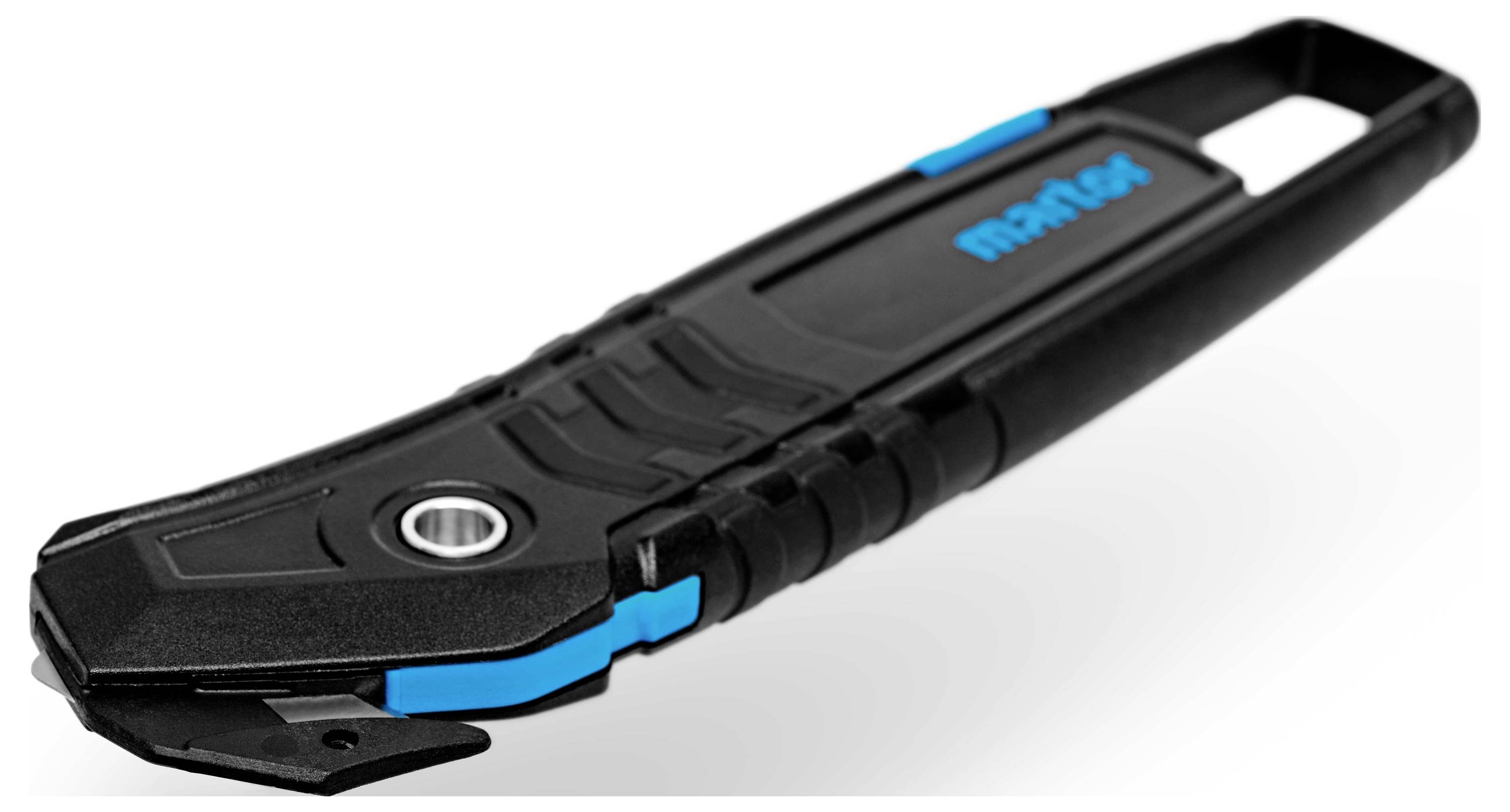 Zwart en blauw veiligheidsmes met ergonomische handgreep en uitschuifbaar lemmet, geschikt voor dozen en verpakkingen.