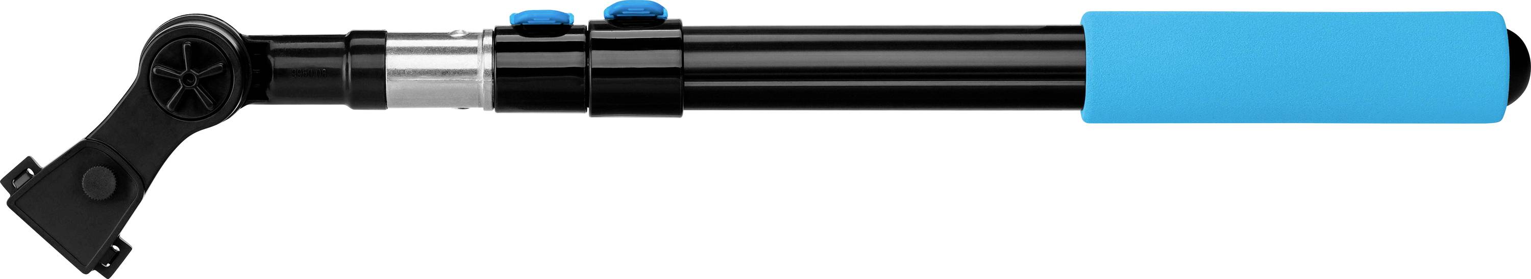 Een uittrekbare selfie-stick met een blauwe handgreep en een zwarte telescoopstang.