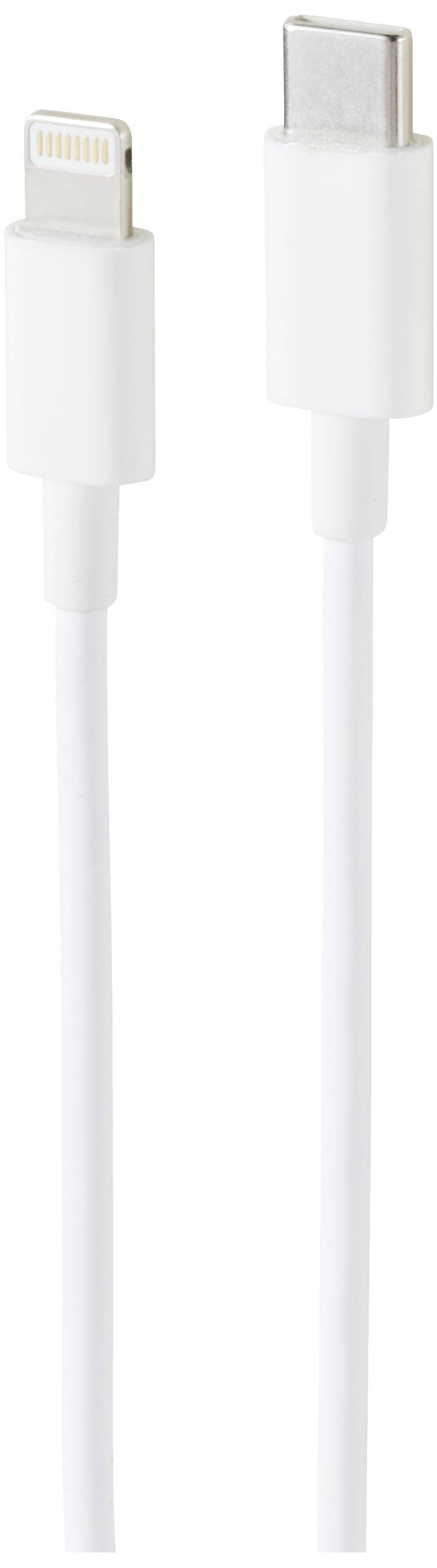 Een wit kabel met een USB-C-stekker aan de ene kant en een Lightning-stekker aan de andere kant, gebruikt voor het opladen van apparaten.