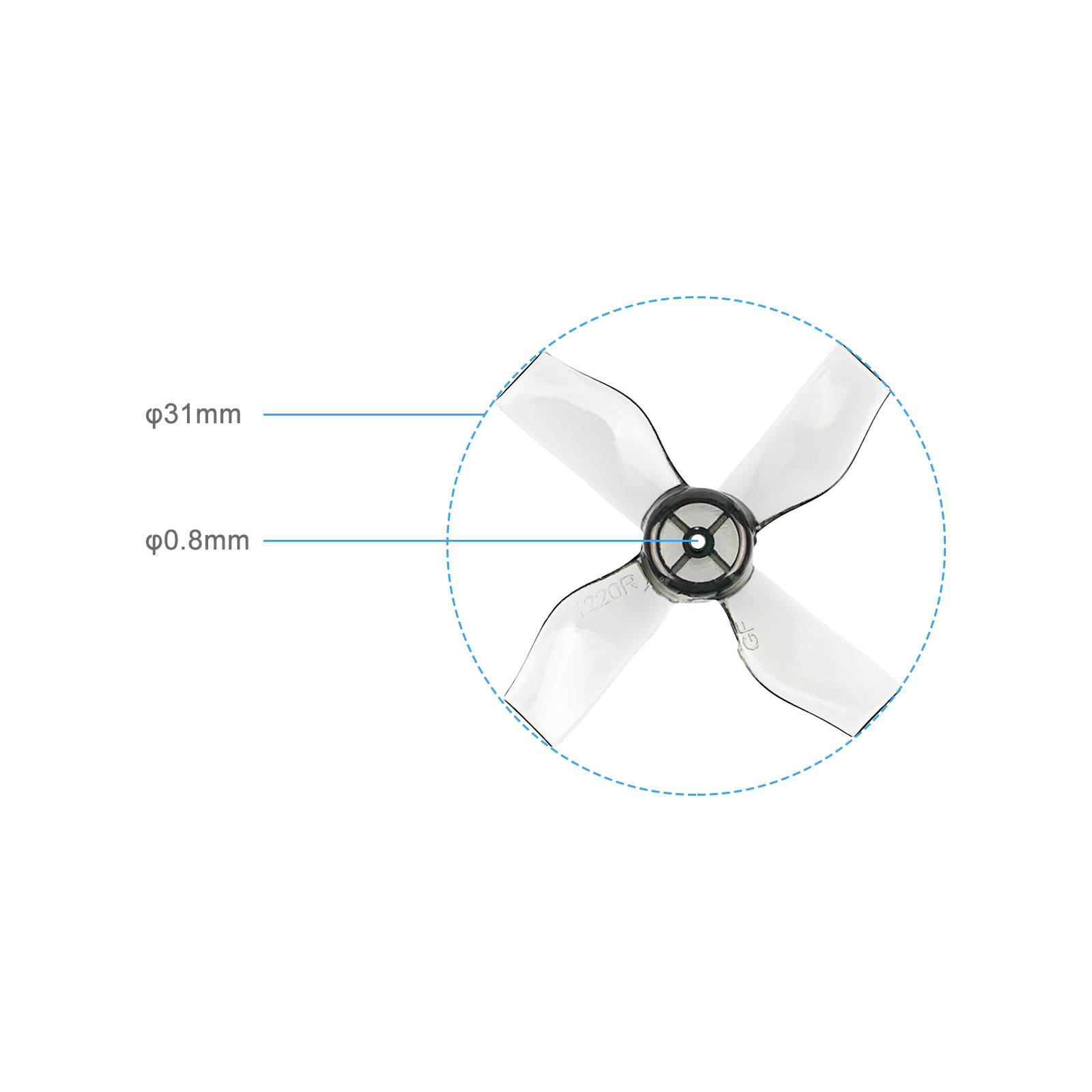 Kleine propeller met twee afmetingen: diameter 31 mm, breedte 0,8 mm.