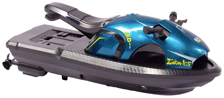 Elektrische jetski in stralend blauw, zijaanzicht. Opschriften 'Toekomst' en 'Snelheid' zichtbaar. Ontwerp benadrukt snelheid en innovatie.