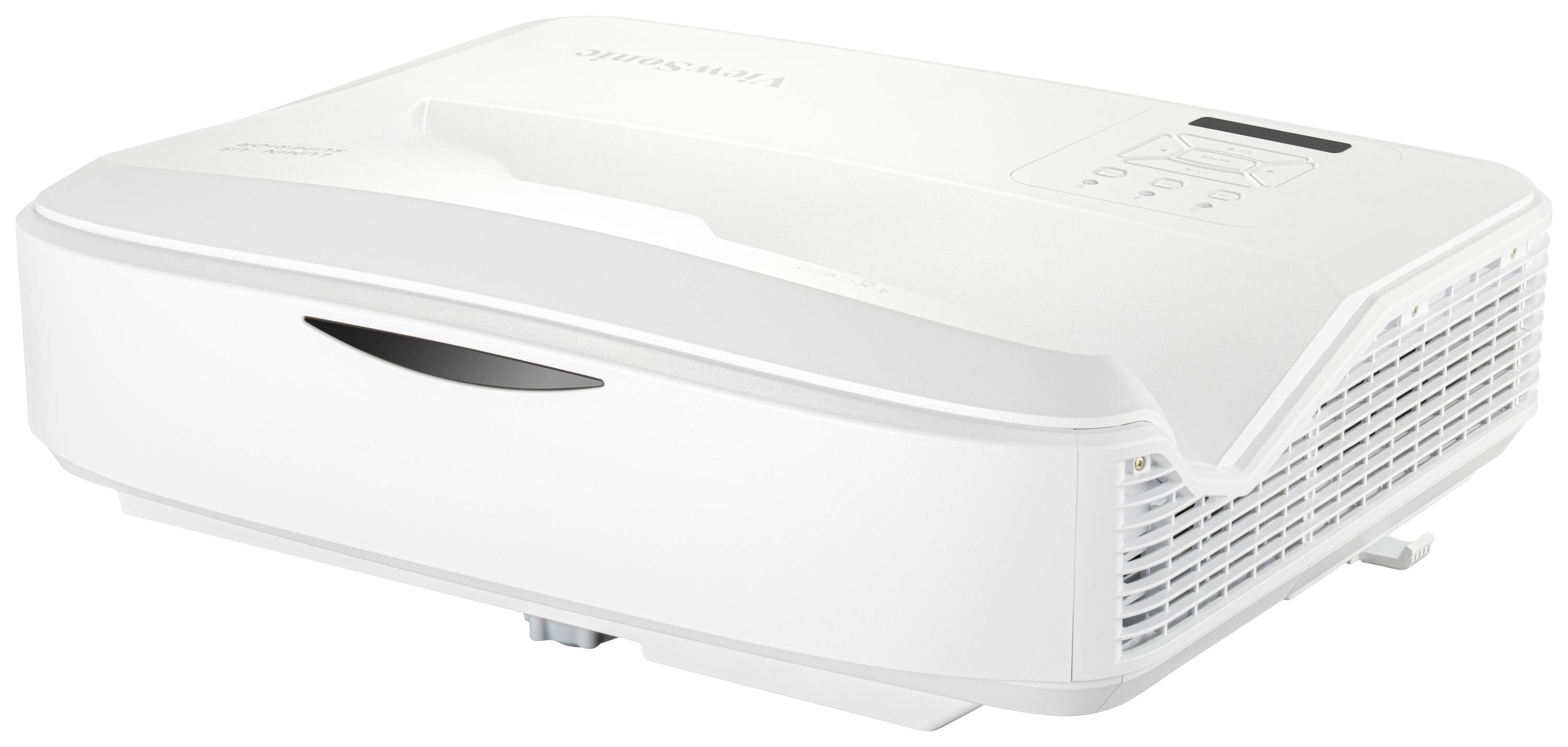 Een witte projector met ventilatiesleuven en bedieningsknoppen aan de bovenkant, geschikt voor presentaties of thuisbioscoop.