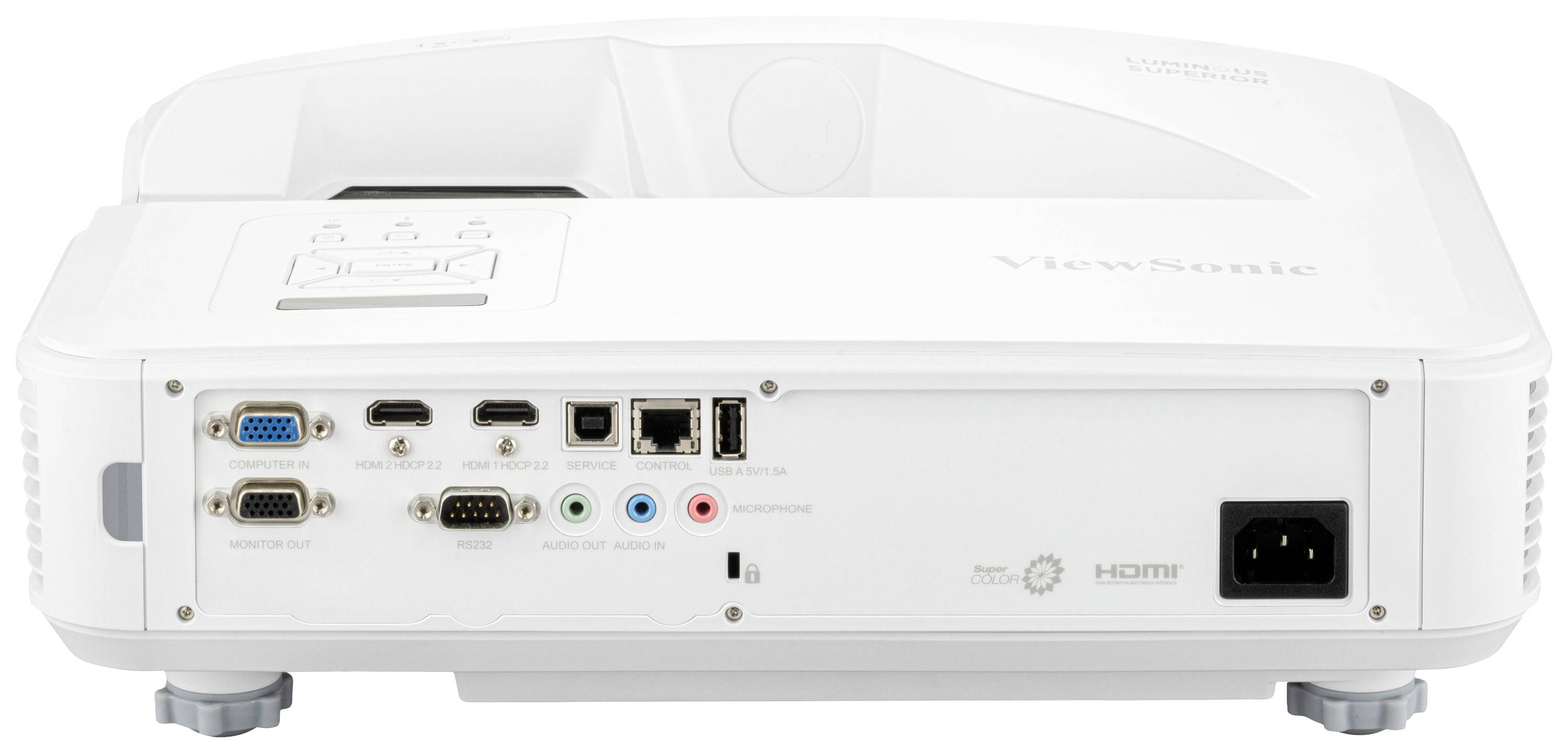 Een witte projector met meerdere aansluitingen: HDMI, VGA, USB en audiopoorten, achterkant getoond.