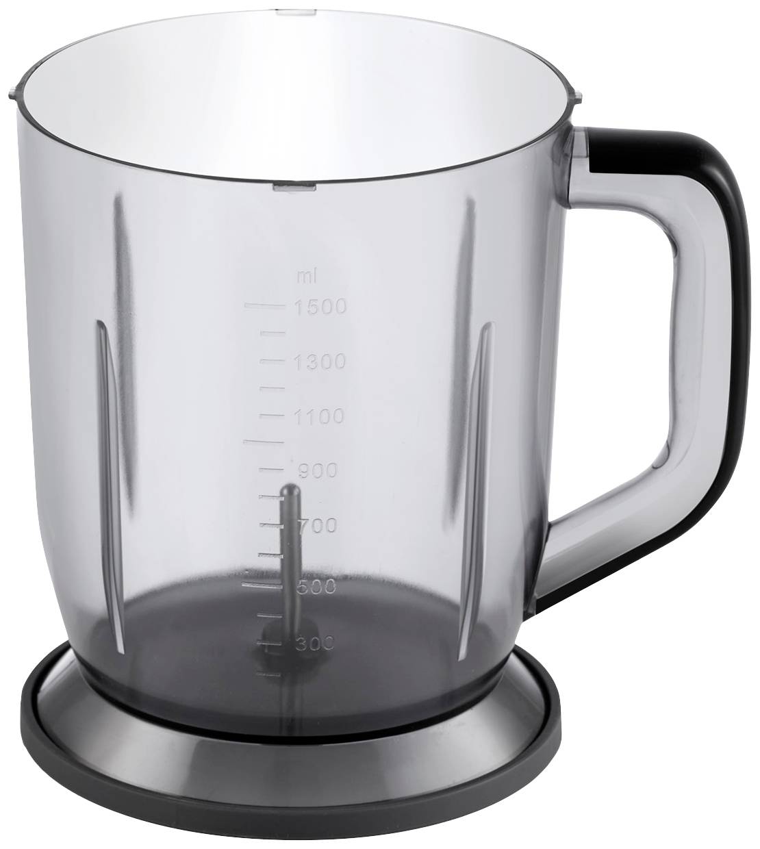 Maatbeker van helder kunststof met handvat en ml-schaal tot 1500 ml.