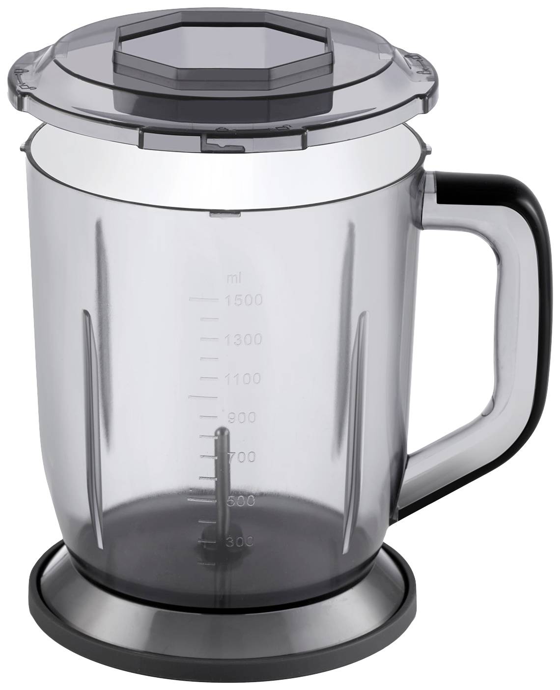 Doorzichtige mengbeker van kunststof met zwarte handgreep en deksel, met milliliter-schaal tot 1500 ml, op zilveren voet.