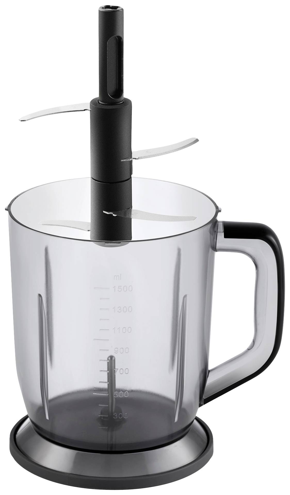 Mengbeker met maatschaal en handgreep. Boven in de beker zijn snijmessen bevestigd aan een zwarte handgreep.