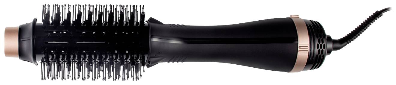 Zwarte warmluchtborstel met roodgouden accenten en gebogen borstelharen, ontworpen voor haarverzorging en styling.