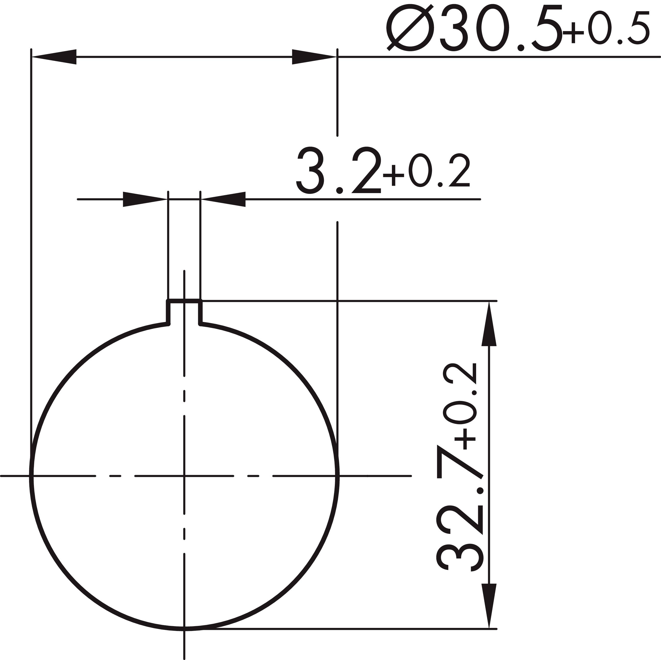 Technische tekening van een cirkel met diameter 'Ø30,5±0,5', hoogte '32,7±0,2' en breedte van de bovenste lijn '3,2±0,2'.