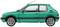 Een groene auto, zijaanzicht. Compacte auto met twee deuren, licht getinte ramen en zilveren velgen.