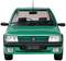Groene Peugeot 205 van voren, herkenbaar aan het logo, op een witte achtergrond.