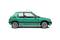 Een groen auto zijdelings afgebeeld, toont details zoals ramen, wielen en carrosserie, tegen een witte achtergrond.