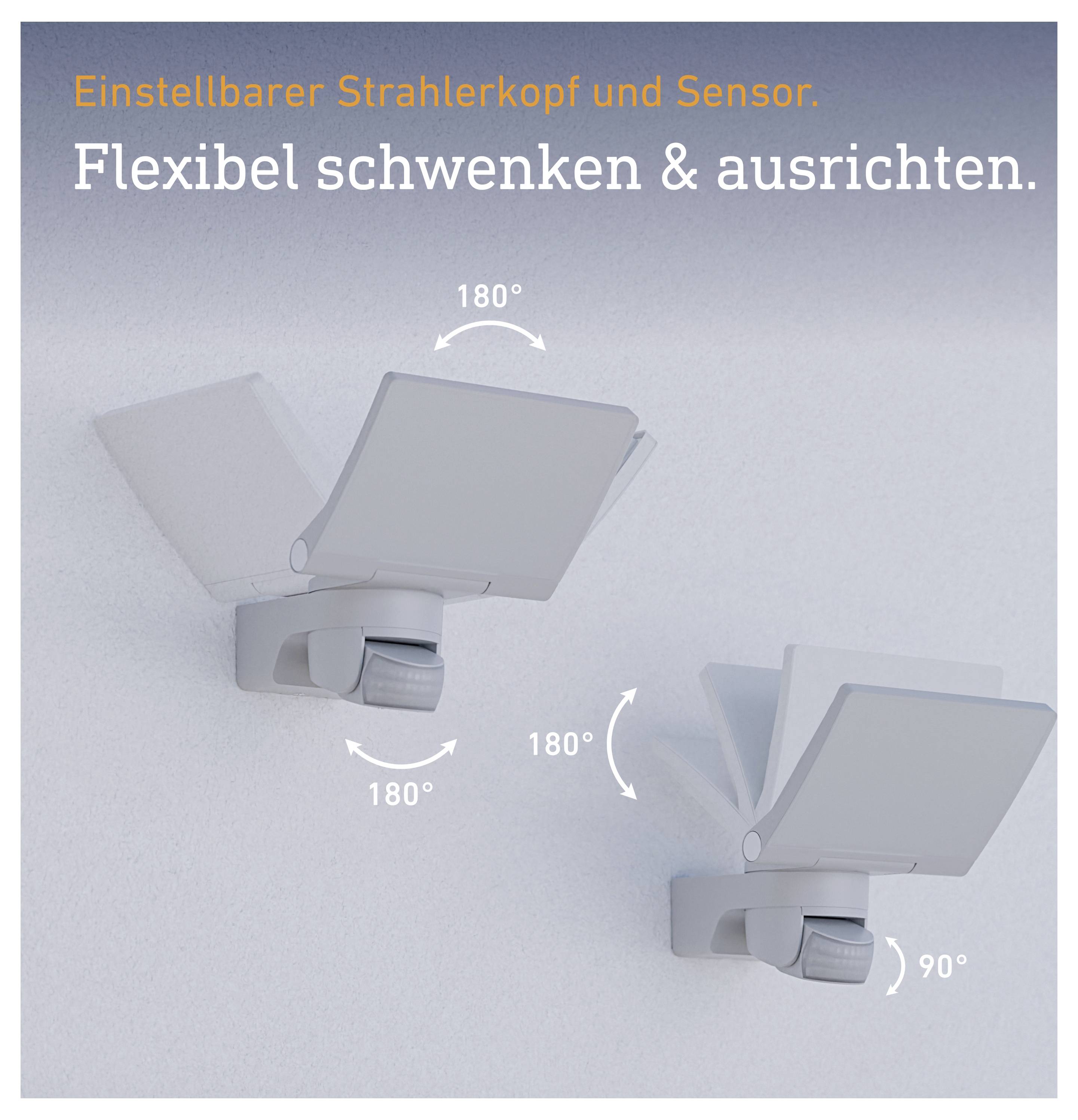 Advertentieafbeelding van een zwenkbare buitenlamp met sensor; Tekst: 'Verstelbare reflectorkop en sensor. Flexibel zwenken & uitlijnen.' toont 180° en 90° verstelbereiken.