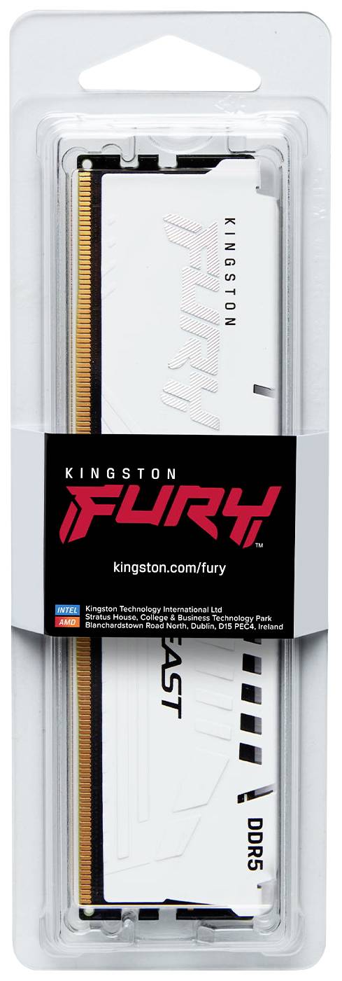 Verpakking van Kingston Fury Beast DDR5 RAM, 32 GB. Wit module in een transparante kunststof behuizing. Merkenlogo op karton.