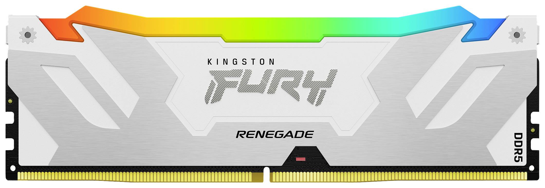 Kingston Fury Renegade DDR5 RAM-module met zilveren heatsink en RGB-verlichting, geoptimaliseerd voor hoge prestaties.