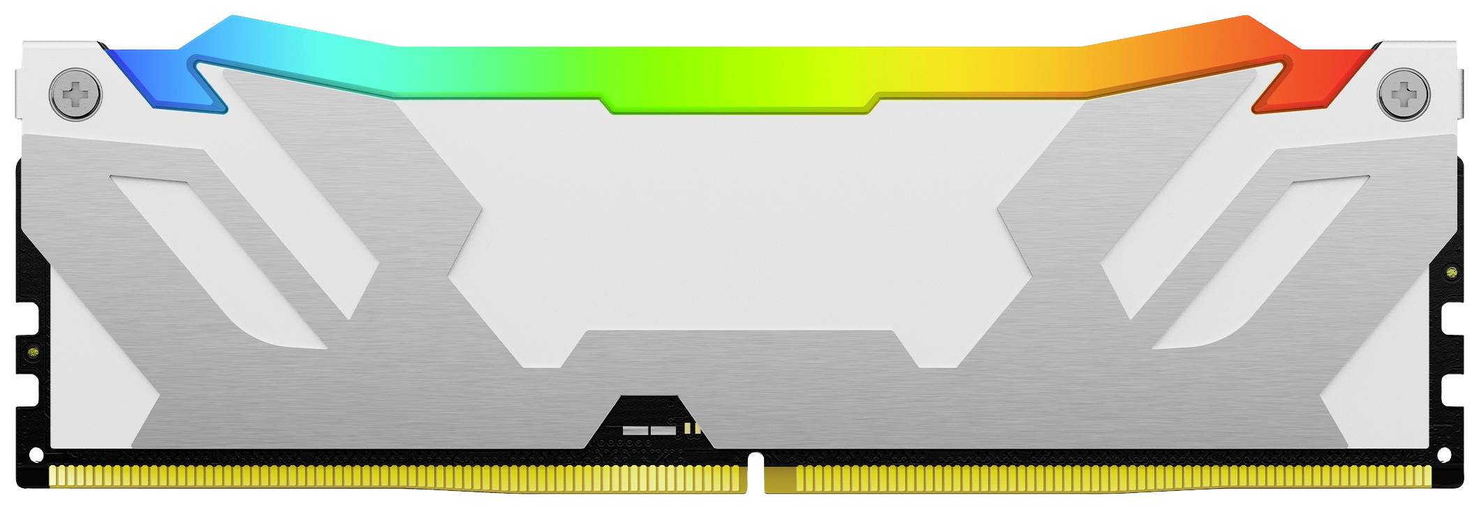 Een RAM-module met een zilveren heatsink en RGB-verlichting aan de bovenkant.