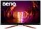 Een BenQ-monitor toont een futuristische, helder rode en paarse landschap met een oplichtende M in het midden.