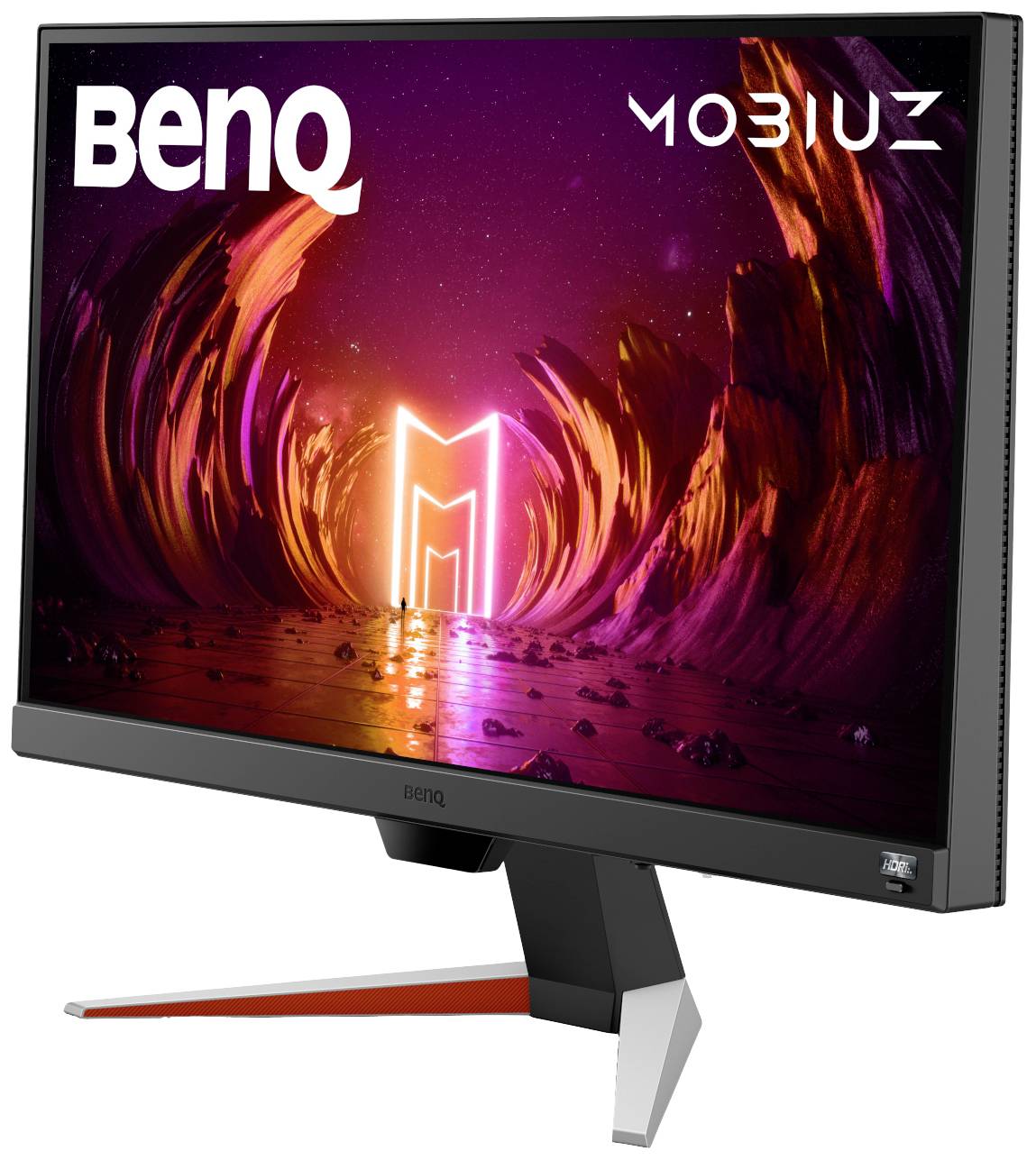 Een gaming-monitor van het merk 'BenQ Mobiuz' met een stijlvol, futuristisch design en levendige kleuren op het scherm weergegeven.