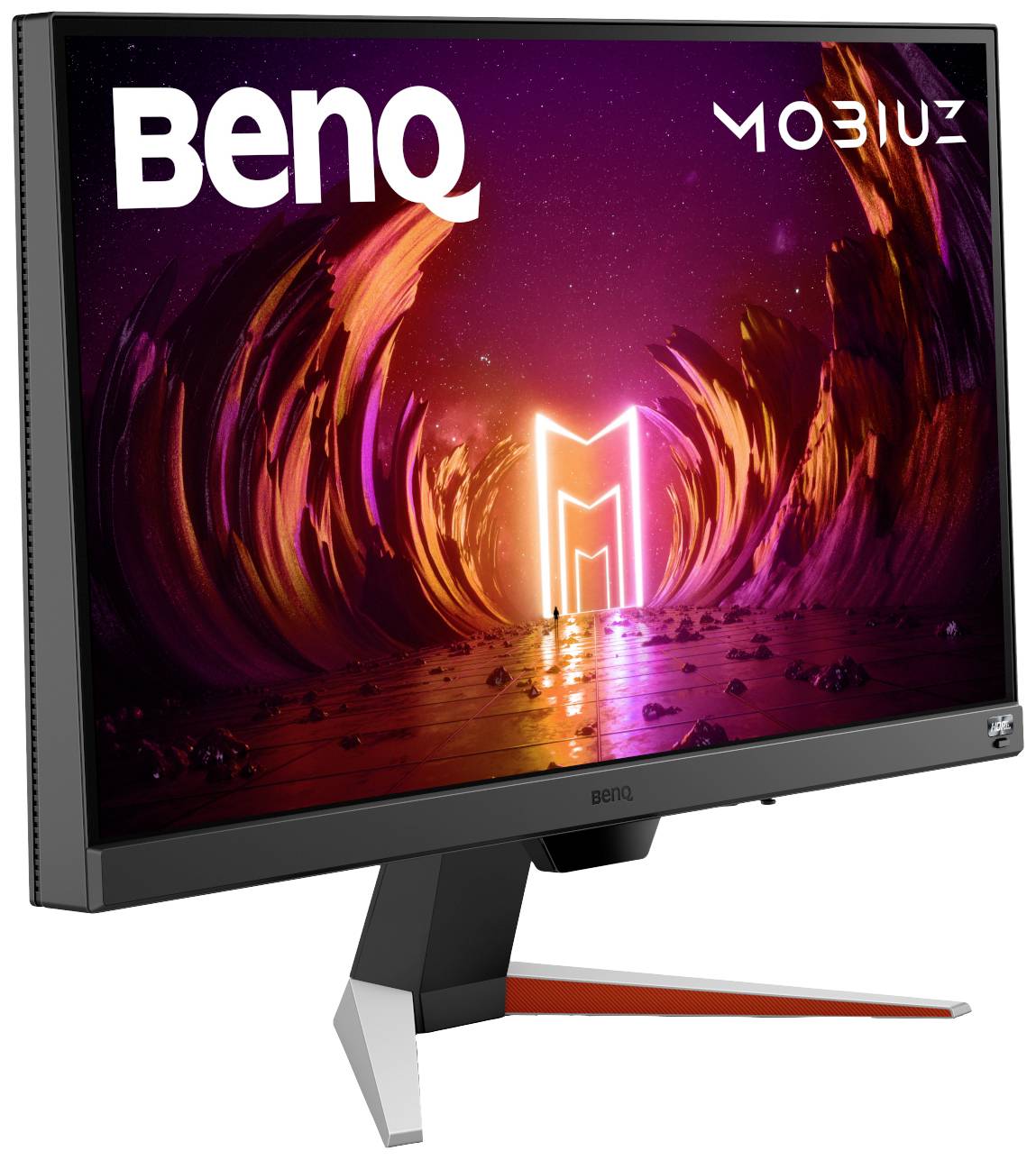 Een gaming-monitor van BenQ met het opschrift 'MOBIUZ'. Op het scherm is een futuristische, lichtgevende tunnel afgebeeld.