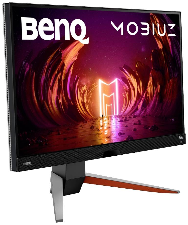 Een BenQ MOBIUZ Gaming-monitor toont een futuristisch, oplichtend 'M'-symbool in een abstracte, kleurrijke tunnel.