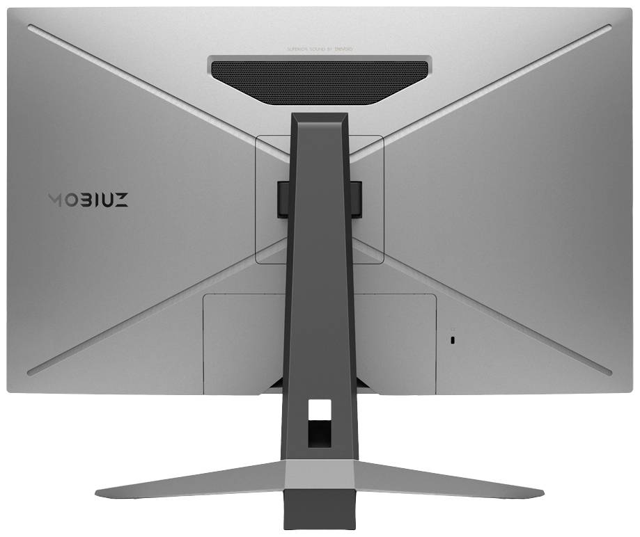 Achterkant van een computermonitor met centrale standaard, grijze behuizing en merknaam 'Mobiuz' linksboven.