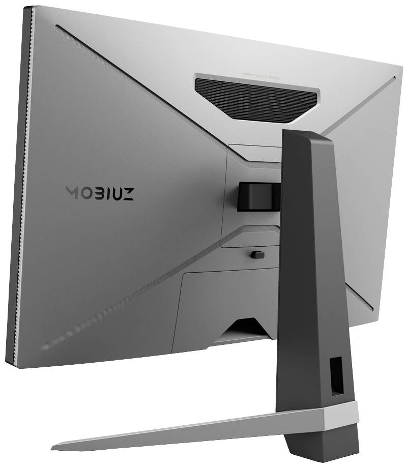 Een grijze computerscherm van achteren, met een opvallende V-vormige standaard en zichtbaar merklogo.