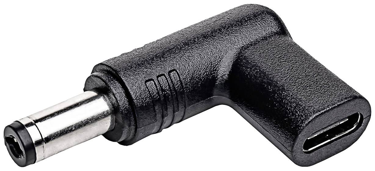 'Zwarte hoekvormige adapter met holle stekker en USB-C-aansluiting'