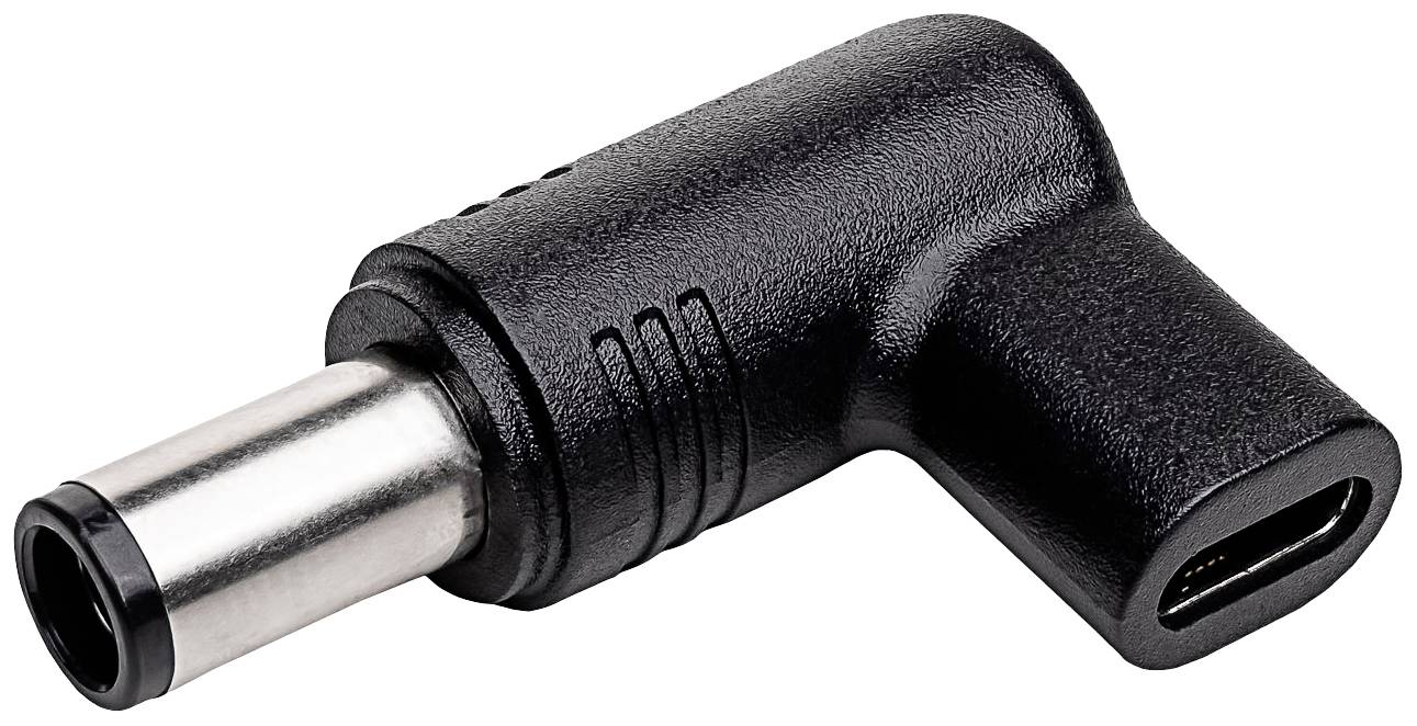Een zwarte, haaks gebogen adapter met een cilindrische metalen stekker aan de ene kant en een USB-C-aansluiting aan de andere kant.