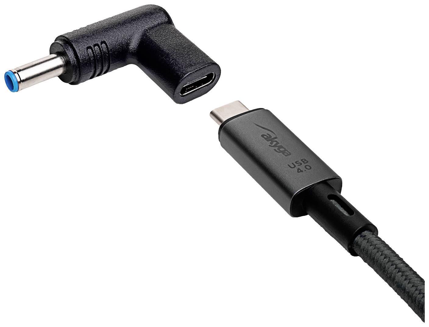 Een haakse adapter met een USB-C-aansluiting en een DC-stekker, geschikt voor aansluiting op verschillende apparaten.
