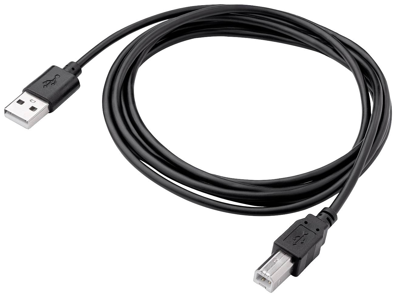 Een zwart USB-kabel met een USB-A-stekker aan de ene kant en een USB-B-stekker aan de andere kant.