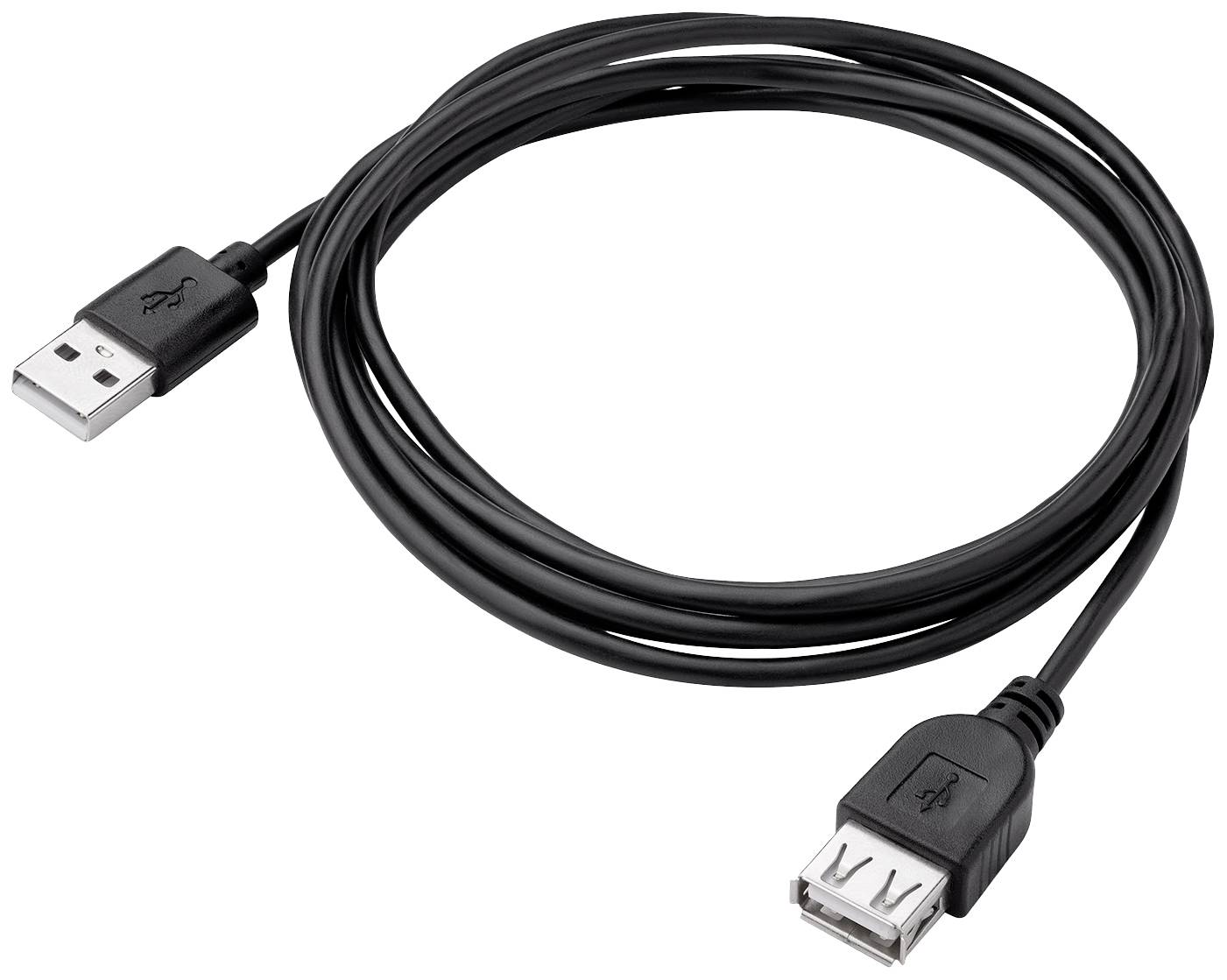 Een zwart USB-verlengkabel, aan de ene kant met een standaard USB-stekker, aan de andere kant met een USB-aansluiting.